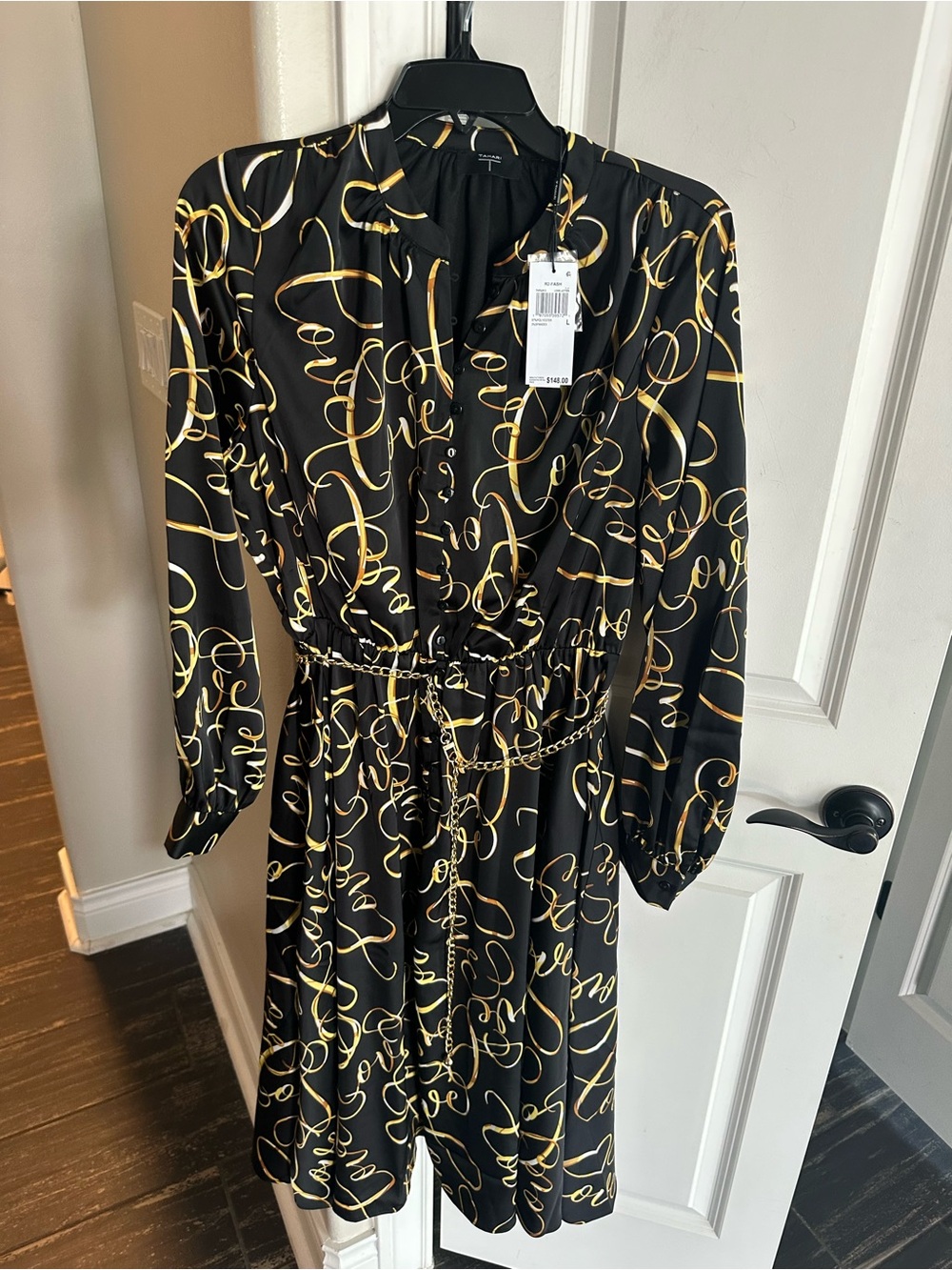 Tahari Black Dress with Gold LOVE Script Print and Chain Belt